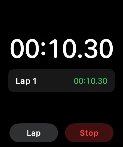 Apple Watch stopwatch workflow in Stopwatch Max focused on lap timing and glanceable elapsed time.