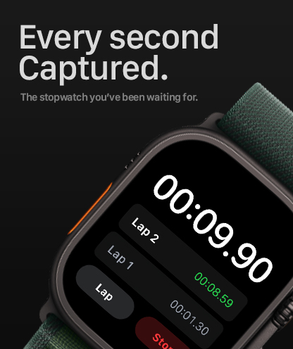 Stopwatch Max on Apple Watch showing a large elapsed timer with clear wrist-first controls.