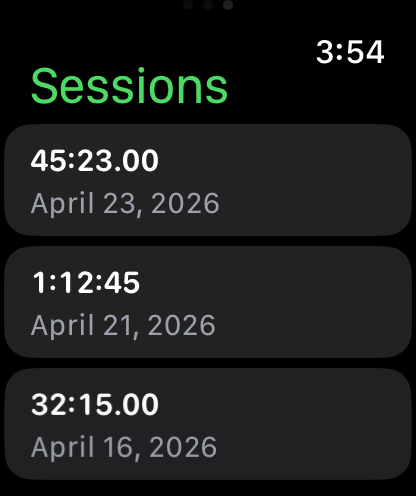 Stopwatch Max session list showing saved workouts