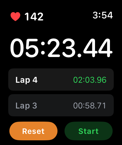Stopwatch Max running with live timer and heart rate
